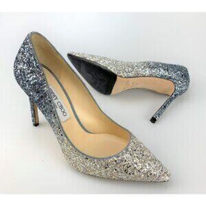 NIB Authentic Jimmy Choo Silver and Dusk Blue Glitter Fabric Pumps